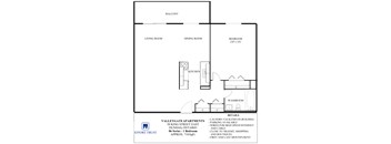 A floor plan for a Valleygate Apartments unit shows a living room, dining room, kitchen, bedroom, and washroom.