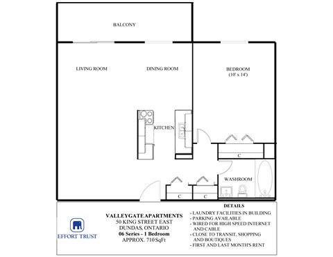 A floor plan for a Valleygate Apartments unit shows a living room, dining room, kitchen, bedroom, and washroom.