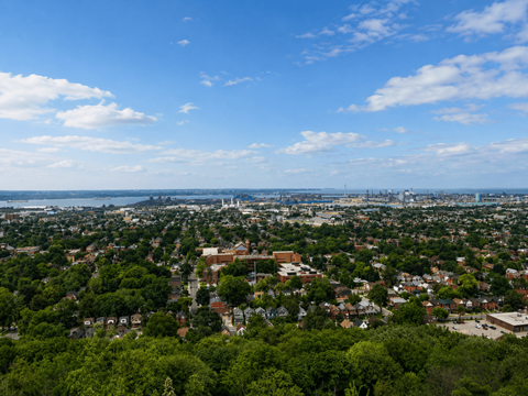 A cityscape with a mix of residential and commercial buildings, surrounded by greenery and under a clear blue sky.