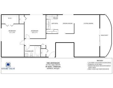 A floor plan of a 2 bedroom, 2 bathroom apartment with a living room and balcony.