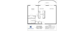 A floor plan for a 10 Village Green apartment shows a single bedroom, a kitchen, a living room, and a dining room.
