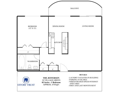A floor plan for a 10 Village Green apartment shows a single bedroom, a kitchen, a living room, and a dining room.