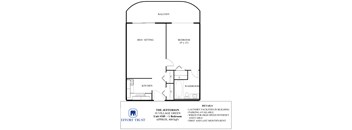 A floor plan of a one bedroom apartment with a balcony and a kitchen.