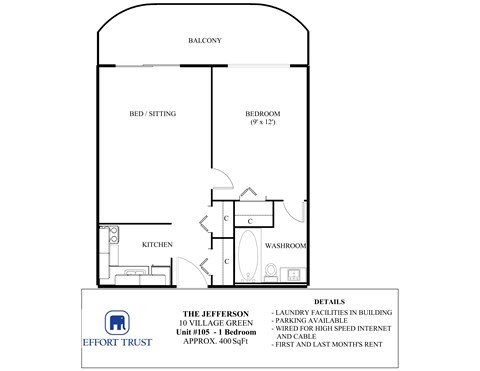 A floor plan of a one bedroom apartment with a balcony and a kitchen.