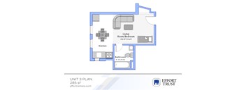 A floor plan for a 285 square foot apartment with a living room/bedroom, kitchen, and bathroom.