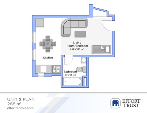 A floor plan for a 285 square foot apartment with a living room/bedroom, kitchen, and bathroom.