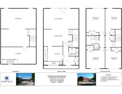 A floor plan for a house with a basement, first and second floor, and a laundry room.