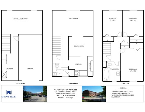 A floor plan for a two-story home with a rec room, living room, dining room, kitchen, washroom, and two bedrooms.