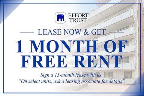 A sign advertising a 1 month free rent offer from Effort Trust.