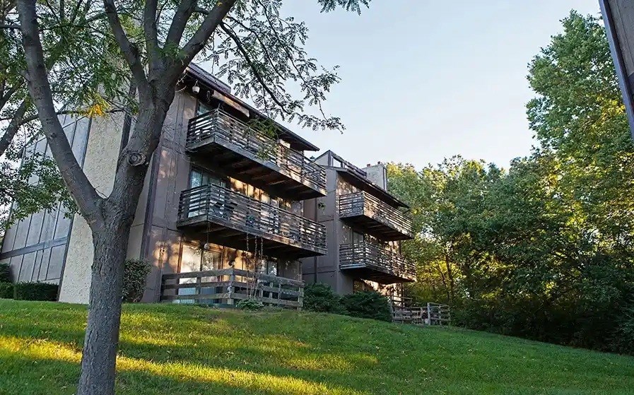 A tree stands in front of a building with balconies.