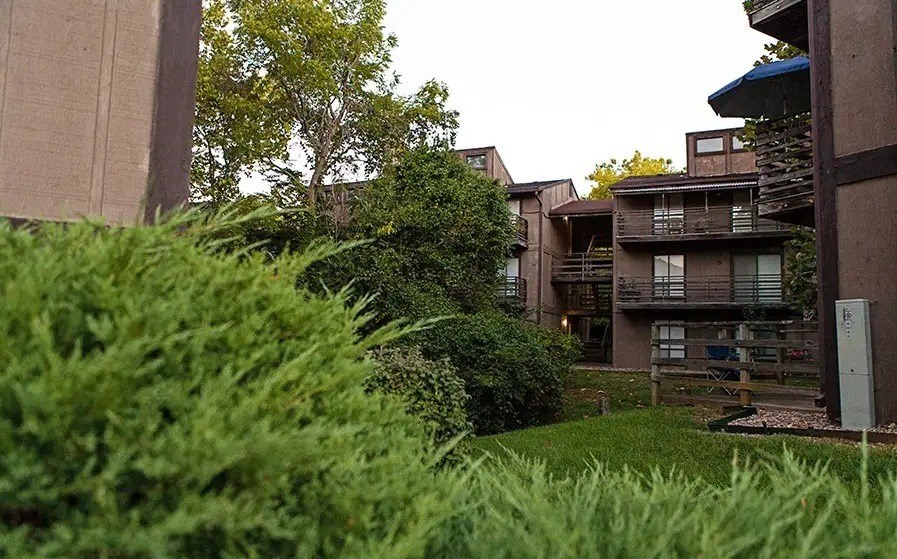 A grassy area in front of apartment buildings.
