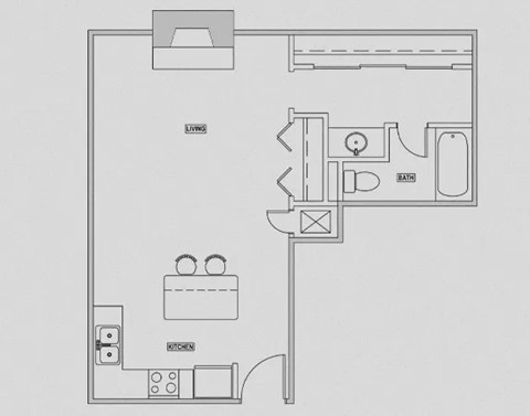 floorplan of a studio unit with one bathroom