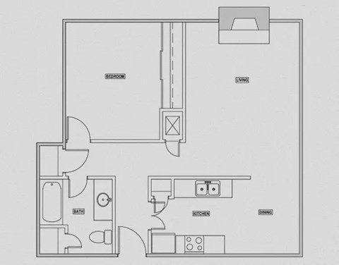 floorplan of a 1-bedroom 1-bathroom unit