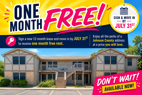 A promotional image offering a free month's rent for signing a 12-month lease by July 31st.