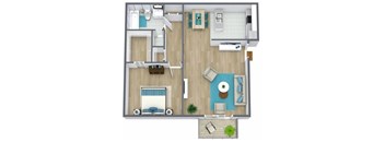 A floor plan of a house with a living room, kitchen, and two bedrooms.