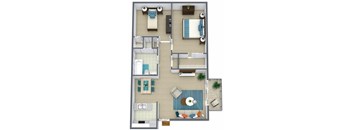 A floor plan of a house with a living room, dining room, kitchen, and two bedrooms.