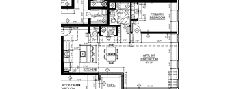 A floor plan shows a primary bedroom, a kitchen, and an apartment number.