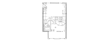 A floor plan of a small apartment with a bedroom, bathroom, and closet.