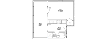 A floor plan of Unit 4 with a living room, kitchen, bathroom, and bedroom.