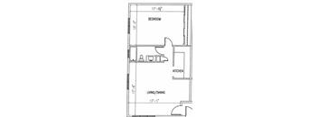 A floor plan of a small apartment with a bedroom, kitchen, and living/dining area.