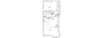 A floor plan of a small apartment with a bedroom, living area, and kitchen.