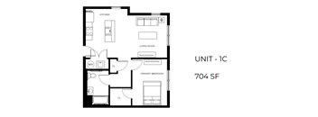 A black and white image of a floor plan for a 704 square foot unit.