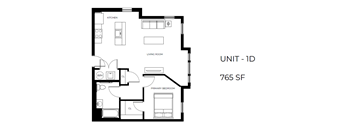 A black and white image of a floor plan for a 1-bedroom apartment.
