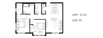 A floor plan of a 1,002 square foot unit with two bedrooms and a living room.