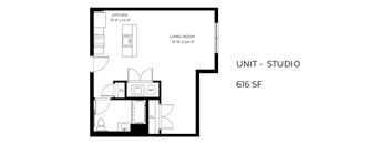 A floor plan of a studio apartment with a kitchen and living room.