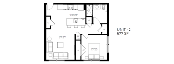 A black and white image of a floor plan for a 677 square foot unit.