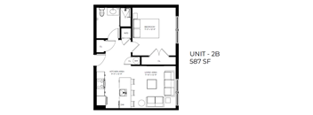 A floor plan of a 2 bedroom apartment with a kitchen and living area.
