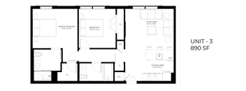 A black and white image of a floor plan for a unit at 890 SF.
