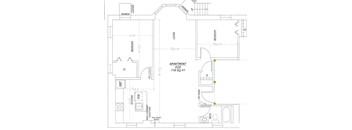 A floor plan of an apartment with a living room, bedroom, and bathroom.