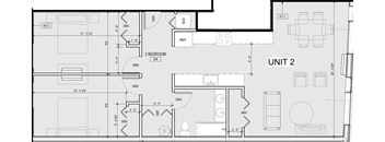 A floor plan of a two bedroom apartment with a living room, kitchen, and bathroom.