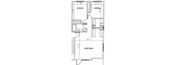 A floor plan of a small apartment with two bedrooms, a living/dining area, and a kitchen.