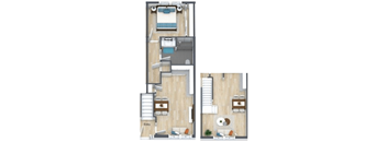 A floor plan of a two-bedroom apartment with a living room and a kitchen.