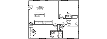 A black and white image of a three bedroom apartment layout.