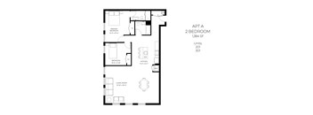 A floor plan of a 2 bedroom apartment with a living room, kitchen, and two bedrooms.