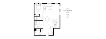 A floor plan of an apartment with a living room, bedroom, kitchen, and den.