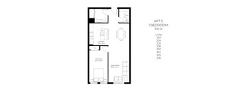 A floor plan for an apartment with one bedroom, kitchen, and living room.