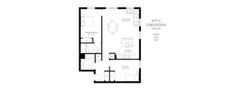 A floor plan of a 2 bedroom apartment with a living room, kitchen, and bathroom.
