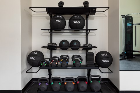 A black kettlebell rack with multiple kettlebells of different weights.