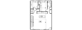 A floor plan of a house with a kitchen, living room, and bathroom.