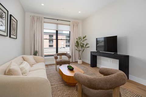 A living room with a white couch, a brown chair, and a television.