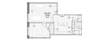 A floor plan of a 1BR unit measuring 35-303 square feet.