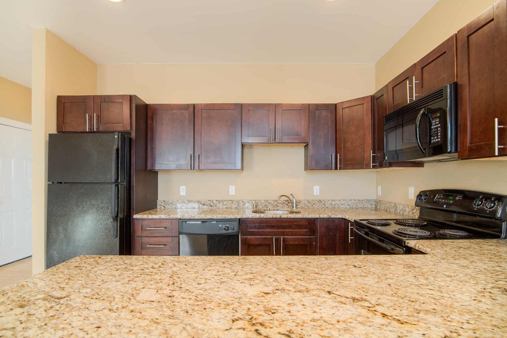 A kitchen with black appliances and wooden cabinets.