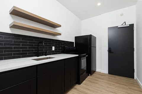 A black fridge and black cupboard in a kitchen.