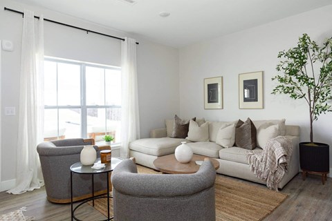 A living room with a grey sofa, a grey armchair, a white table, and a plant.