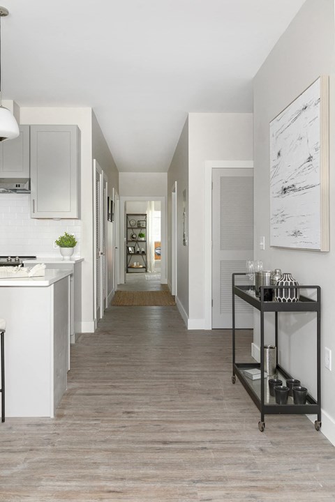 A long hallway with a white sink and a black cart.