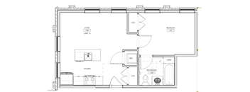 A floor plan of a living unit with a kitchen, bathroom, and linen.